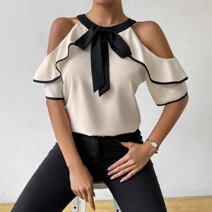 Elegant off-shoulder chiffon blouse with black bow necktie and double layer ruffle sleeves