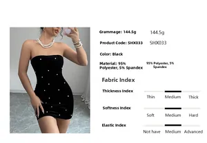 Détail de la robe bustier noire montrant le tissu 95% polyester et les perles