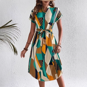 Robe Midi Décontractée pour Femmes Bloc de Couleur Géométrique Manches Courtes Col en V Taille à Nouer Robe Élégante