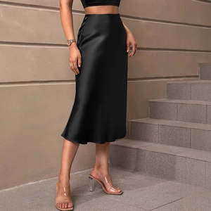 Elegant high-waist black satin midi skirt with a smooth drape and glossy finish
