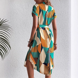Robe midi femme à imprimé géométrique avec ceinture pour les vacances d'été