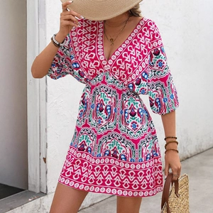 Robe Bohême Femme Col en V Imprimé Paisley Été Plage Vacances Décontracté Manches Demi-longues Robe Courte Trapèze
