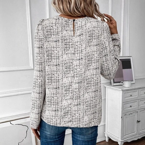 Women's plaid long sleeve blouse with back teardrop cutout and button closure