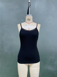 Détail d'un caraco noir côtelé avec bordure en dentelle et fines bretelles sur mannequin