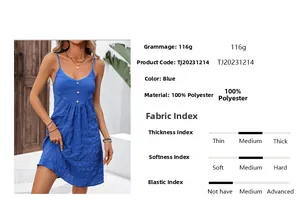 Detail view of blue v-neck backless dress with textured fabric and button decoration