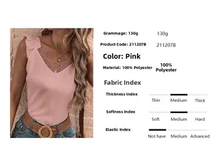 Détail du débardeur rose à col en V avec dentelle montrant le tissu 100% polyester