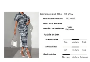 Detail view of grey stripe dress material 100% polyester with belt and size specs