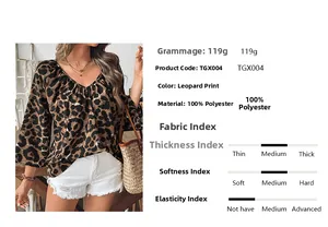 Detailed fabric specification of V-neck leopard print shirt made of 100% polyester material