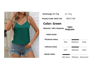 Detail specifications of a dark green V-neck camisole made of 100% high-quality polyester