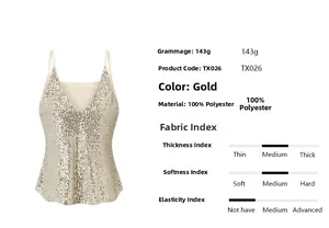 Detail view of champagne sequin top with 100% polyester fabric info and 143g weight
