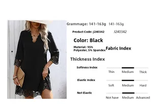 Detailed view of the laser-cut hollow pattern on the black V-neck summer dress hemline
