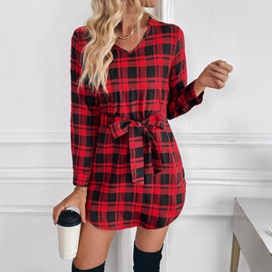 Women's Vintage Red Black Plaid Long Sleeve V Neck Dress With Tie Waist Slim Fit Tartan Mini Shirt Dress For Office Casual Party