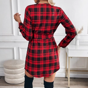 Elegant red and black plaid long sleeve shirt dress with waist tie and slim fit design