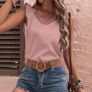 Débardeur Femme Décontracté Bordure Dentelle Col en V Sans Manches Épaules Volants Cami Été Blouse Mousseline pour Fête
