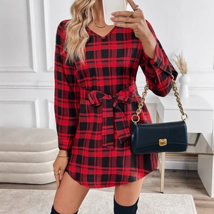 Elegant red and black plaid long sleeve V-neck dress with a stylish waist tie belt