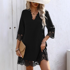 Women's V-Neck Scalloped Laser Cut Floral Eyelet A-Line Midi Dress 3/4 Sleeve Summer Vacation Casual Pullover Dress