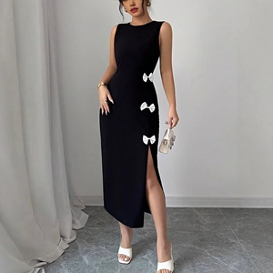 Elegantes Ärmelloses Bodycon Midi Kleid Rundhals Seitenschlitz Mit Satin Schleifen Kontrast Slim Fit Party Cocktailkleid Damen