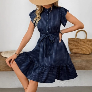 Robe Midi Trapèze à Pois pour Femmes avec Manches à Volants et Ceinture Élégant Col Rond Boutonné Robe d'Été pour Fête