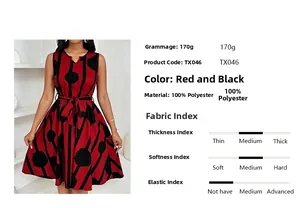 Detail eines rot-schwarz gestreiften ärmellosen Kleides mit Infos zu 100% Polyester