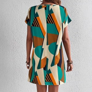 Abito estivo linea A con scollo a V e stampa geometrica a maniche corte da donna vacanza