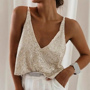 Women Sexy Sequin Camisole V Neck Spaghetti Strap Sleeveless Top Champagne Gold Sparkly Party Clubwear Tank Top
