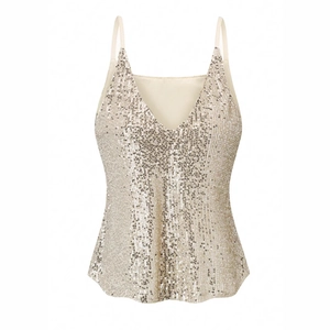 Champagne sequin camisole with thin straps and a V-neckline for a glamorous summer look