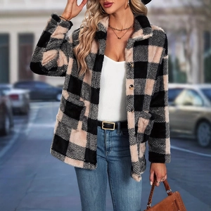 Cozy oversized plaid fuzzy jacket for women with lapels and buttons in street style