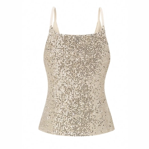 Sparkly champagne sequin camisole top with thin shoulder straps and square neckline