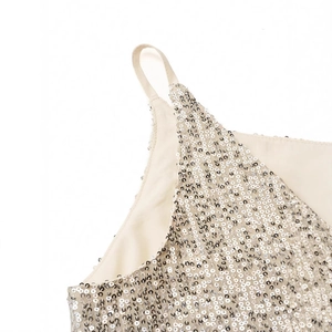 Sparkly champagne sequined V-neck camisole with thin straps for a glamorous summer look