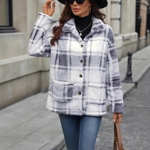 Plaid wool blend jacket for women featuring oversized lapels and cozy long sleeves
