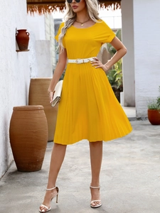 Detail of bright yellow pleated A-line dress with a white waist belt and crew neckline