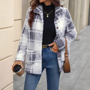 Women's plaid fleece jacket in grey and white with lapel collar and large pockets