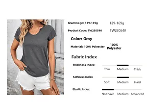 Detail of grey slim fit T-shirt with 100% polyester fabric texture and V-neckline