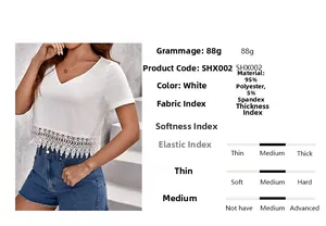 Detail of white V-neck top showing 95% polyester lace trim and 88g lightweight fabric