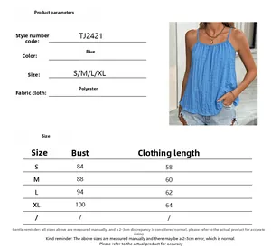 Size guide for blue plaid camisole featuring bust and length measurements from S to XL