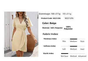 Specifications for light yellow V-neck wrap dress featuring 100% polyester fabric details