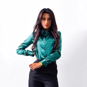 Elegant deep green satin long sleeve button-up shirt with collar for professional office wear