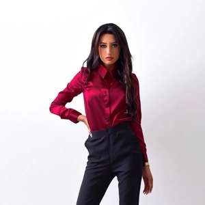 Elegant women's red satin long sleeve button-up shirt with slim fit office style