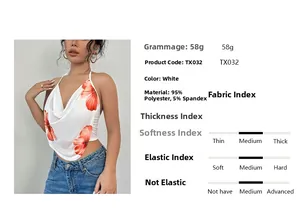Detail of backless halter top featuring vibrant orange floral print and scarf hem