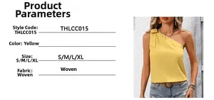 Detail of yellow one-shoulder woven top featuring a tied bow and fine ribbed texture
