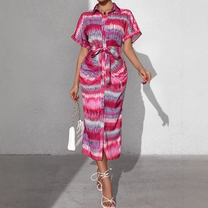 Women Geometric Striped Print Midi Shirt Dress Short Sleeve Tie Waist Button Down Casual Summer Commute Dress For Women