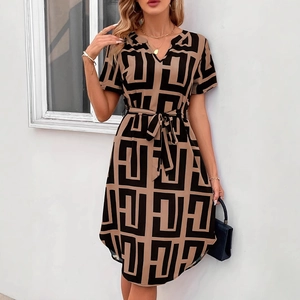 Dames Elegant V Hals Korte Mouw Geometrische Print Midi Jurk Met Strikceintuur Casual A Lijn Mode Pendel Jurk Voor Dames