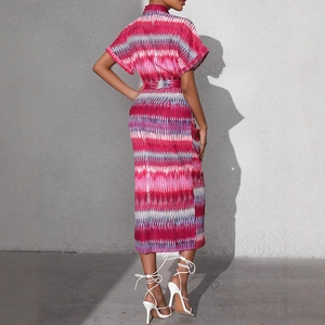 Short sleeve tie-waist midi dress with red geometric stripes, back view style