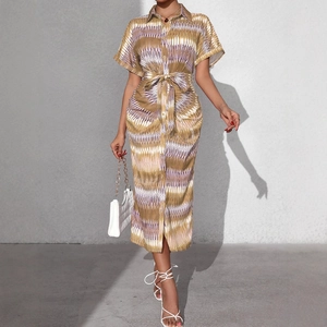 Women's summer striped midi dress with collar, tie waist, and geometric wave print