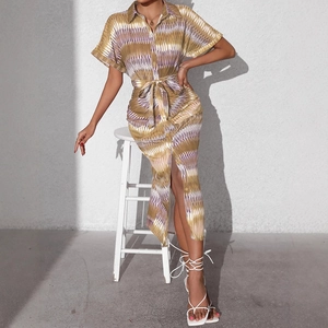Summer striped button-down shirt dress for women with waist tie and side split