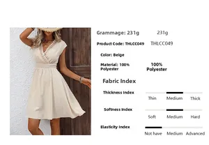 Detailed view of beige sleeveless dress with V-neck lace trim and polka dot texture