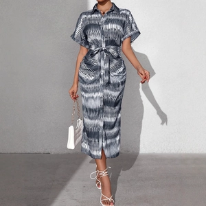 Women's summer shirt dress with abstract wave print, short sleeves and waist tie belt
