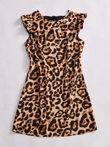 Detail of leopard print dress back showing elegant black tie-up bow and ruffled sleeve