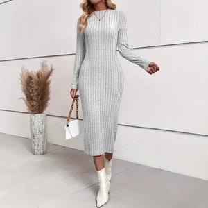 Vestito Donna Elegante a Maniche Lunghe in Maglia Jacquard Slim Fit Bodycon a Costine Midi Abito per Casual Lavoro Festa Grigio