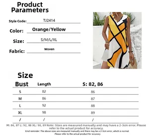 Detailed size chart for the sleeveless plaid A-line dress with product specifications